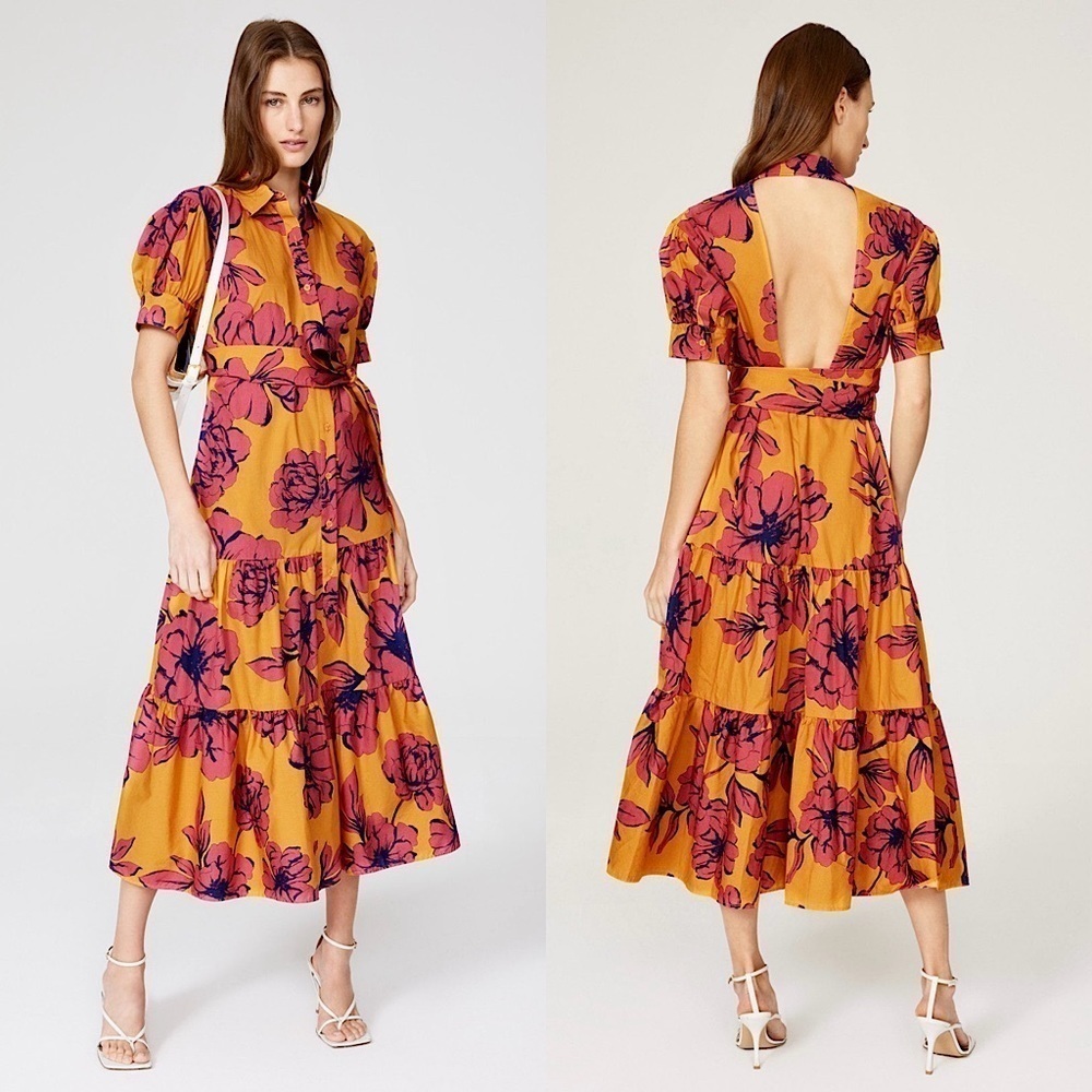 MARISSA WEBB Floral Puff Short Sleeve Cutout Back Ruffle Tier Midi Shirt Dress 6
